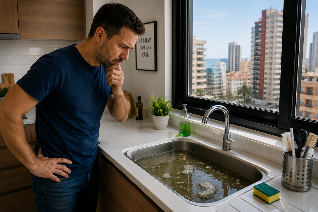 dueño de piso turístico viendo suciedad en las tuberías tras el verano